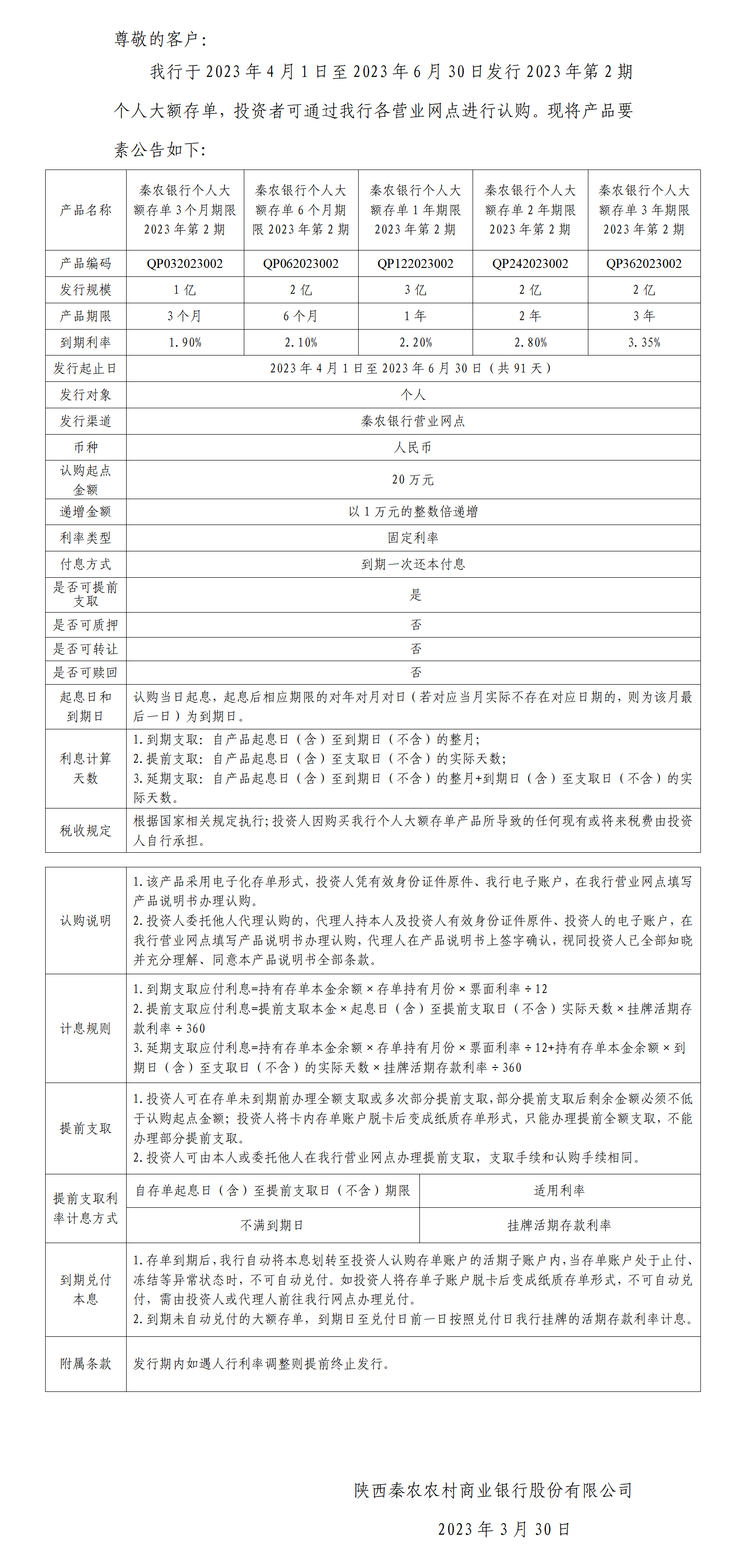 秦农银行个人大额存单2023年第2期发行公告.png