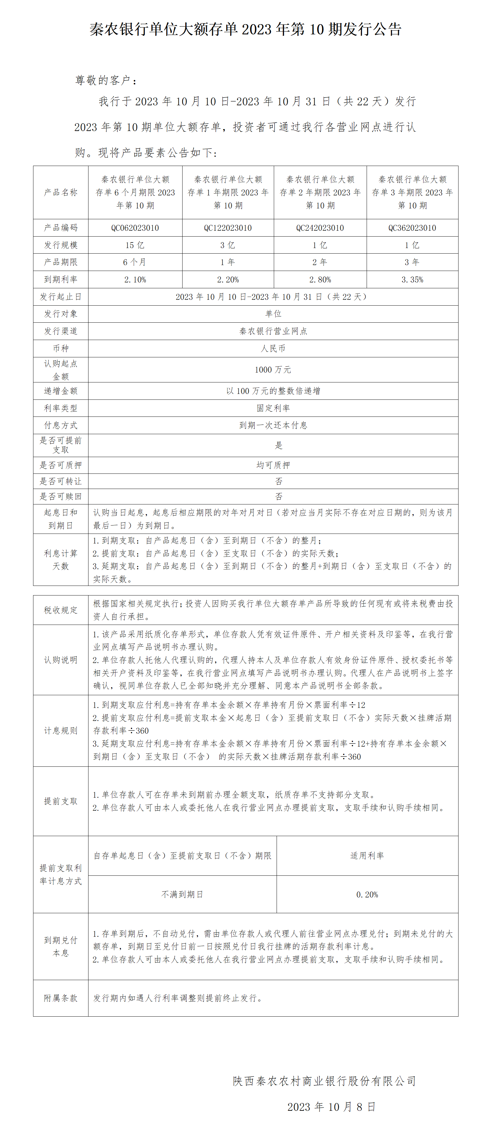 秦农银行单位大额存单2023年第10期发行公告2023.10.8√_01.png